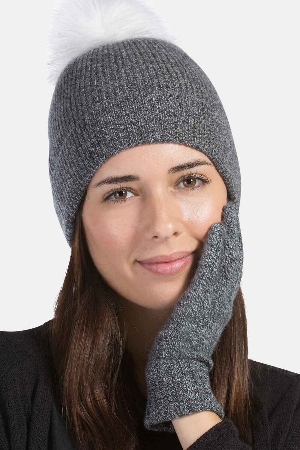 Women's 2pc 100% Cashmere Pom Beanie Hat & Glove Set with Gift Box Womens>Accessories>Hat Fishers Finery 