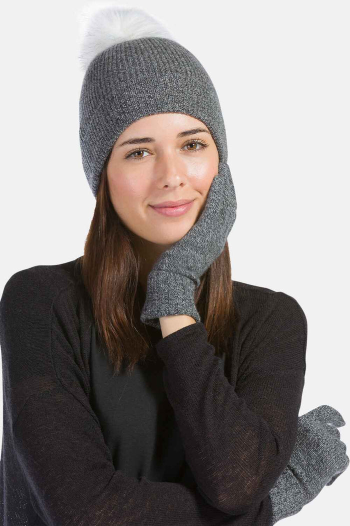 Women's 2pc 100% Cashmere Pom Beanie Hat & Glove Set with Gift Box Womens>Accessories>Hat Fishers Finery Heather Gray One Size 