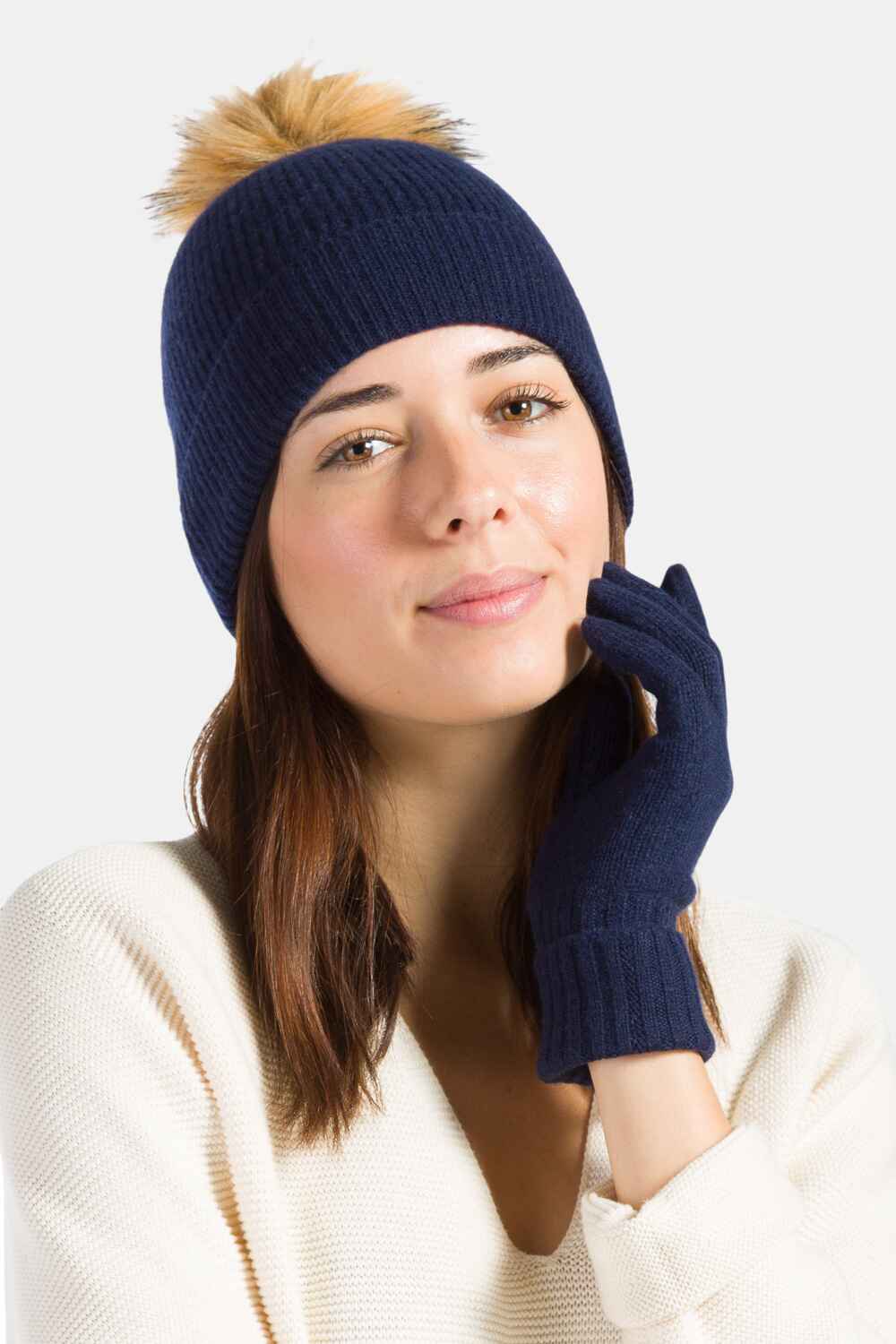 Women's 2pc 100% Cashmere Pom Beanie Hat & Glove Set with Gift Box Womens>Accessories>Hat Fishers Finery 