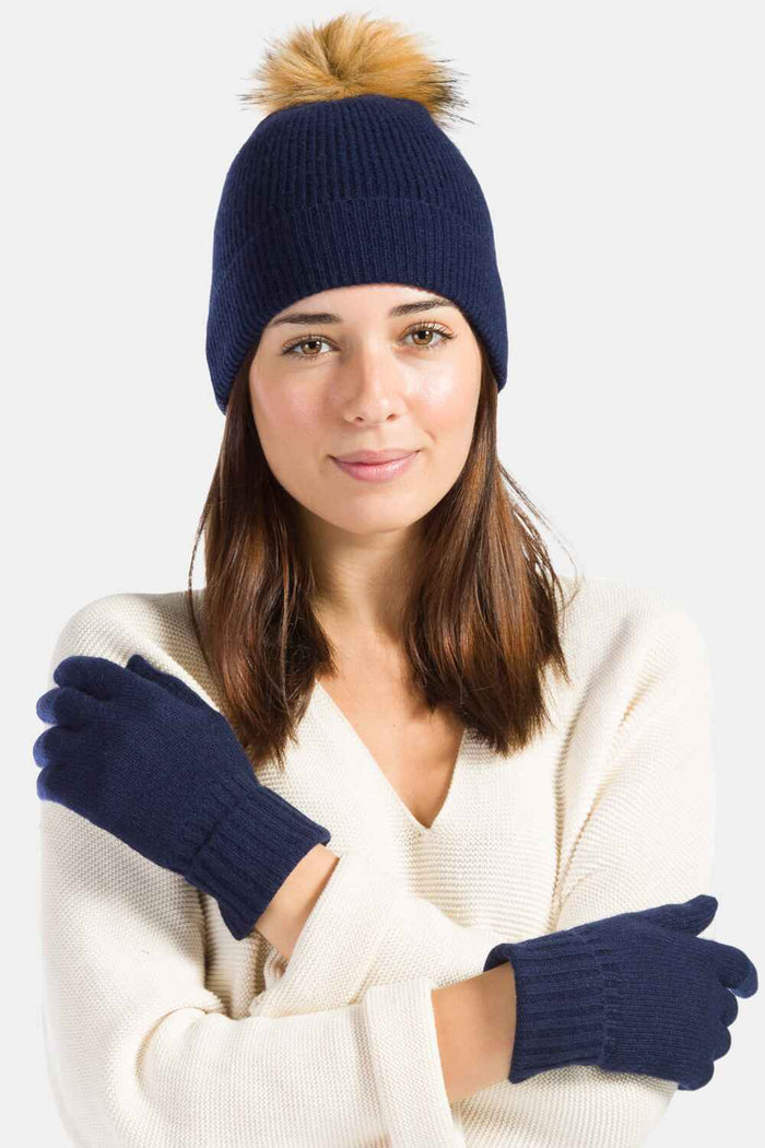 Women's 2pc 100% Cashmere Pom Beanie Hat & Glove Set with Gift Box Womens>Accessories>Hat Fishers Finery Navy One Size 