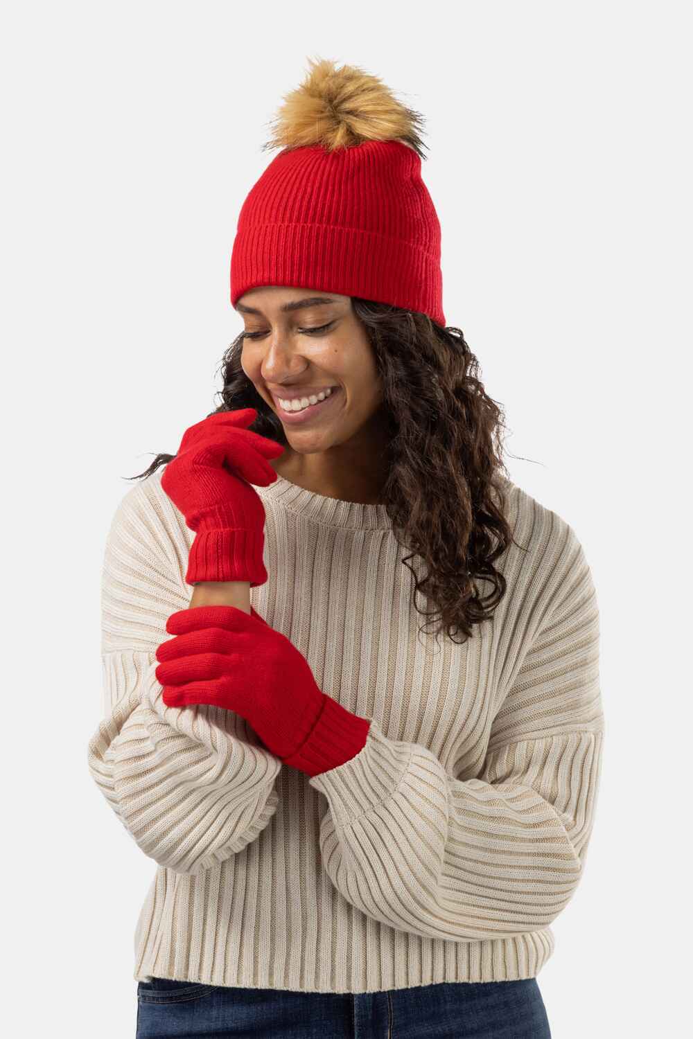 Women's 2pc 100% Cashmere Pom Beanie Hat & Glove Set with Gift Box Womens>Accessories>Hat Fishers Finery Cardinal Red One Size 