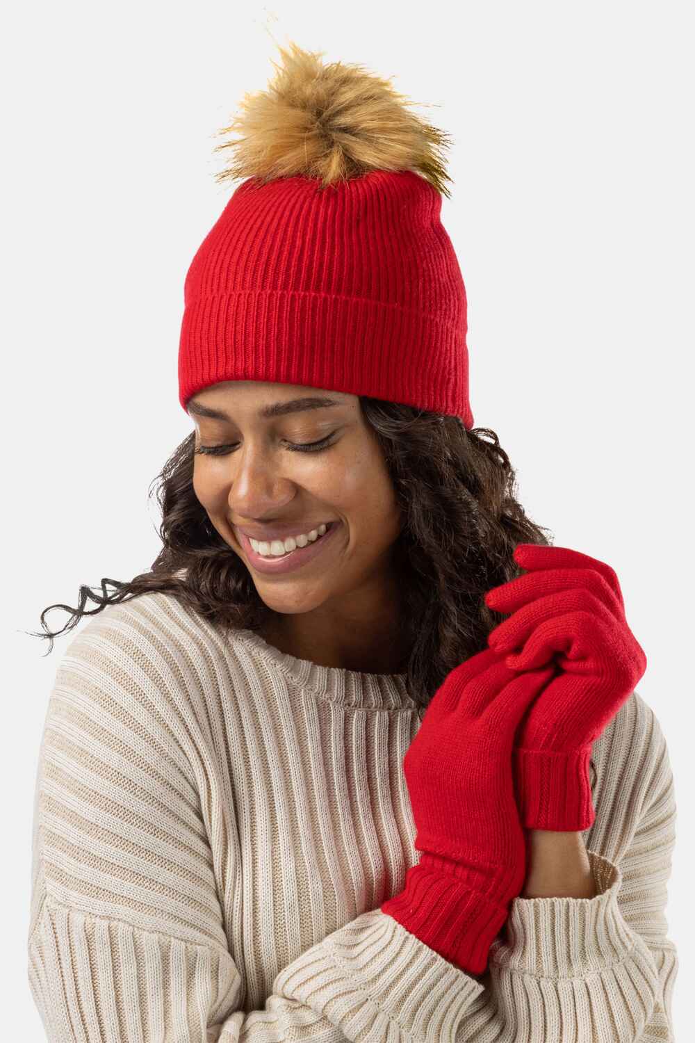 Women's 2pc 100% Cashmere Pom Beanie Hat & Glove Set with Gift Box Womens>Accessories>Hat Fishers Finery 