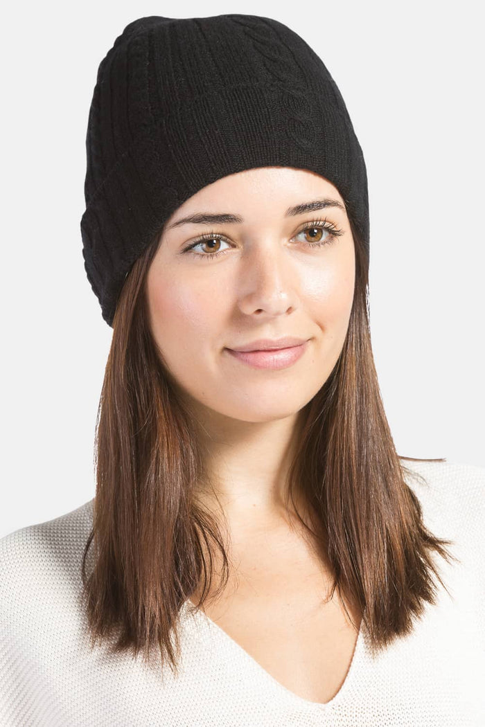 Women's 100% Pure Cashmere Cable Knit Hat Womens>Accessories>Hat Fishers Finery Black One Size 