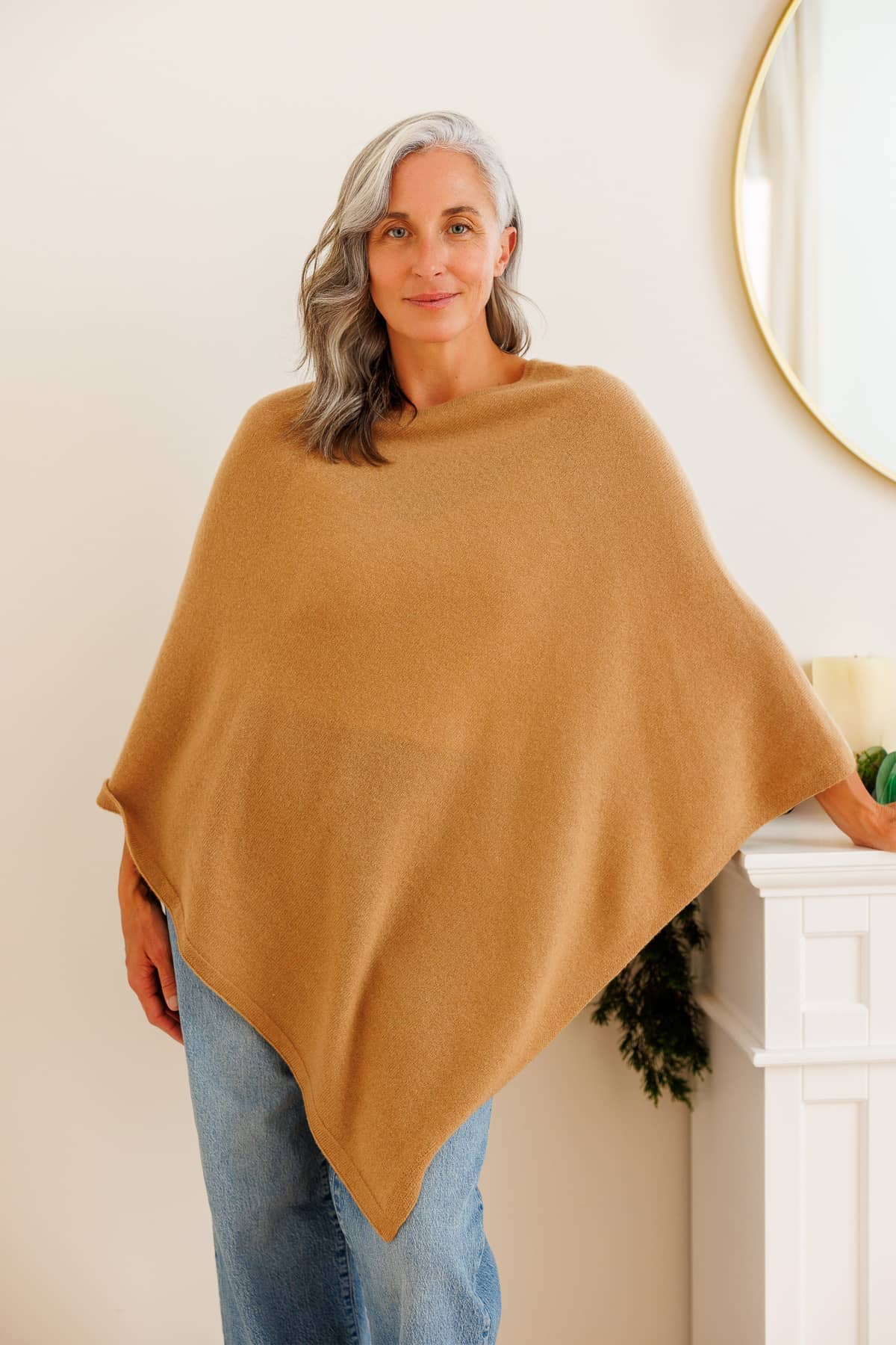 Women's 100% Pure Cashmere Knit Poncho and Gift Box Womens>Accessories>Cashmere>Poncho Fishers Finery Tan 