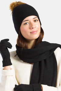 Women's 3pc 100% Cashmere Pom Beanie, Glove & Scarf Set with Gift Box Womens>Accessories>Cashmere Set Fishers Finery 