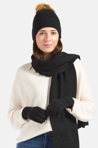 Women's 3pc 100% Cashmere Pom Beanie, Glove & Scarf Set with Gift Box Womens>Accessories>Cashmere Set Fishers Finery Black One Size 