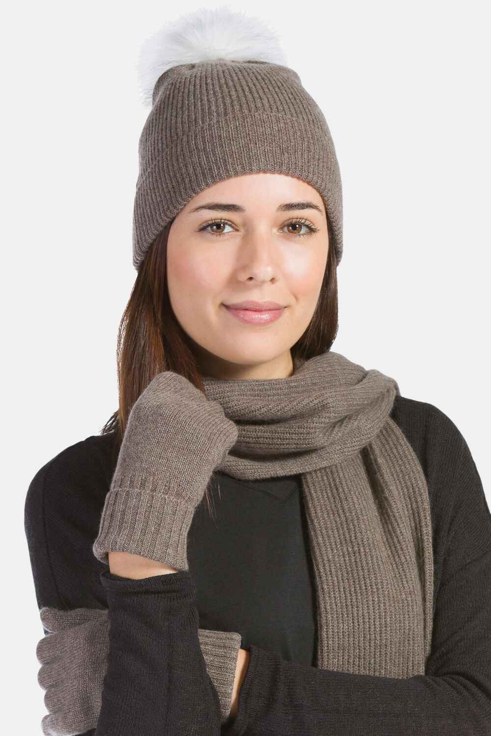 Women's 3pc 100% Cashmere Pom Beanie, Glove & Scarf Set with Gift Box Womens>Accessories>Cashmere Set Fishers Finery 