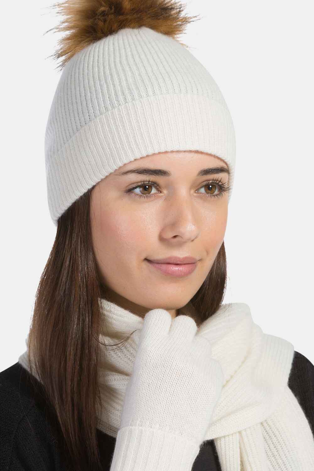 Women's 3pc 100% Cashmere Pom Beanie, Glove & Scarf Set with Gift Box Womens>Accessories>Cashmere Set Fishers Finery 