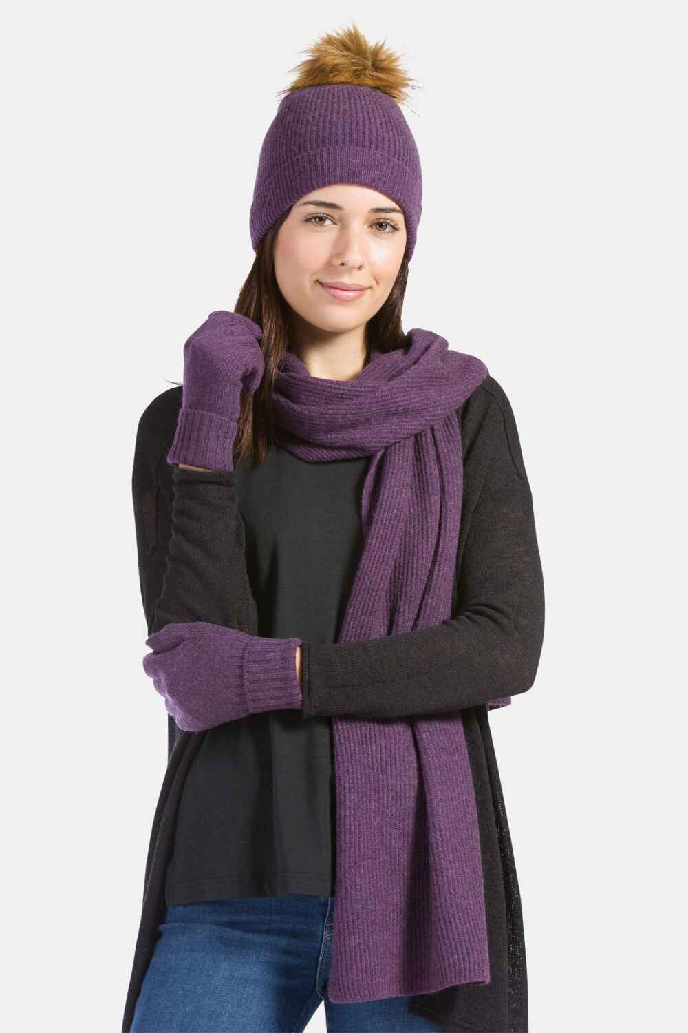 Women's 3pc 100% Cashmere Pom Beanie, Glove & Scarf Set with Gift Box Womens>Accessories>Cashmere Set Fishers Finery Eggplant One Size 