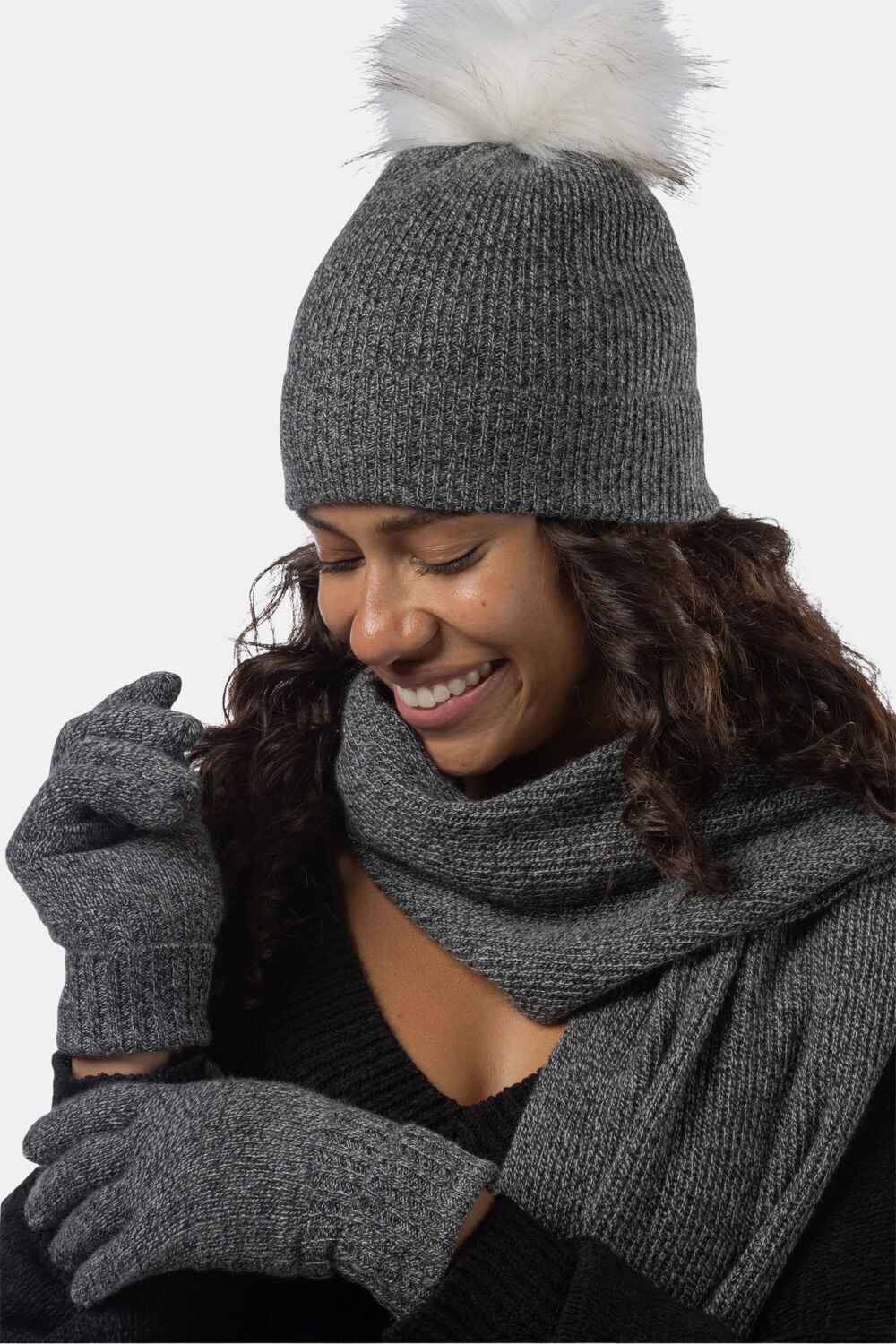 Womens Cashmere Pom Hat, Gloves Scarf Gift Set Fishers Finery