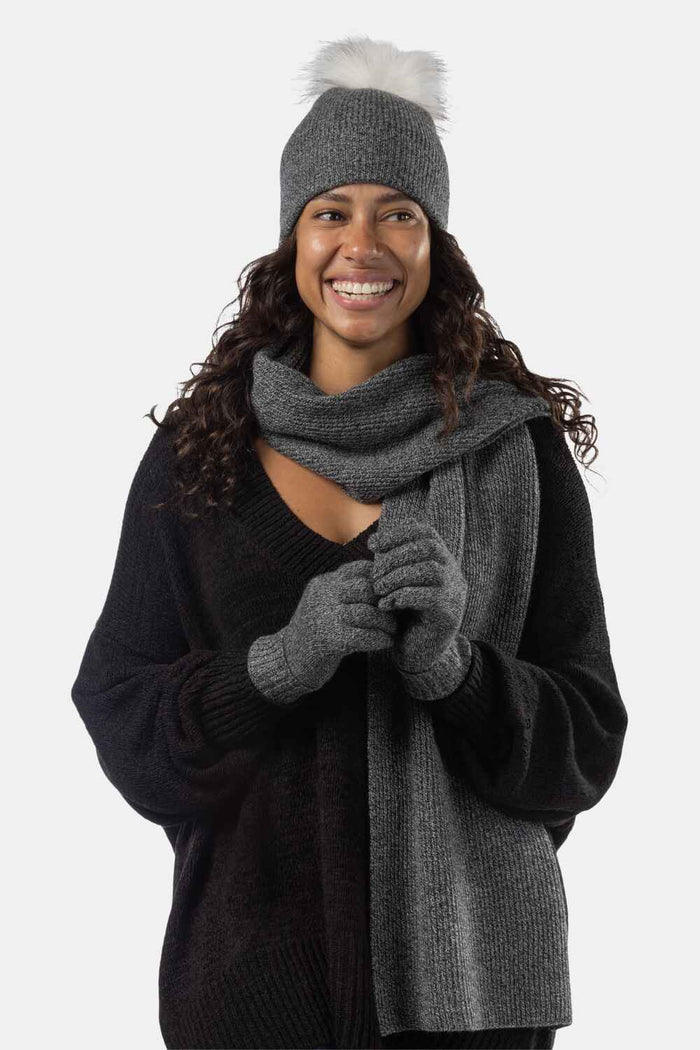 Women's 3pc 100% Cashmere Pom Beanie, Glove & Scarf Set with Gift Box Womens>Accessories>Cashmere Set Fishers Finery Heather Gray One Size 