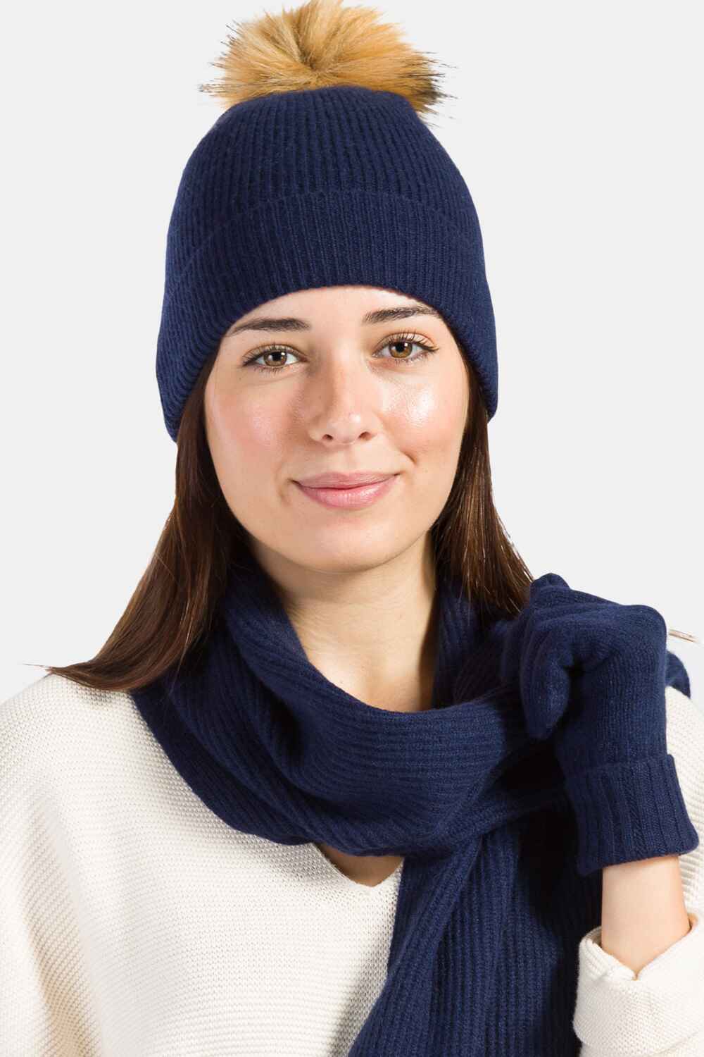 Women's 3pc 100% Cashmere Pom Beanie, Glove & Scarf Set with Gift Box Womens>Accessories>Cashmere Set Fishers Finery 