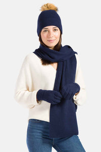 Women's 3pc 100% Cashmere Pom Beanie, Glove & Scarf Set with Gift Box Womens>Accessories>Cashmere Set Fishers Finery Navy One Size 