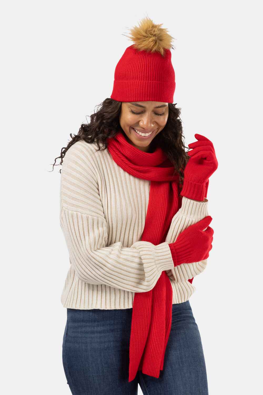 Women's 3pc 100% Cashmere Pom Beanie, Glove & Scarf Set with Gift Box Womens>Accessories>Cashmere Set Fishers Finery Cardinal Red One Size 