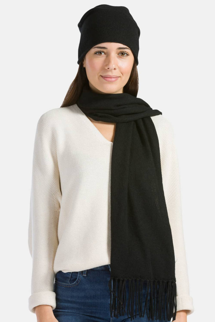 Women's 2pc 100% Cashmere Slouchy Beanie & Knit Scarf Set with Gift Box Womens>Accessories>Cashmere Set Fishers Finery Black One Size 