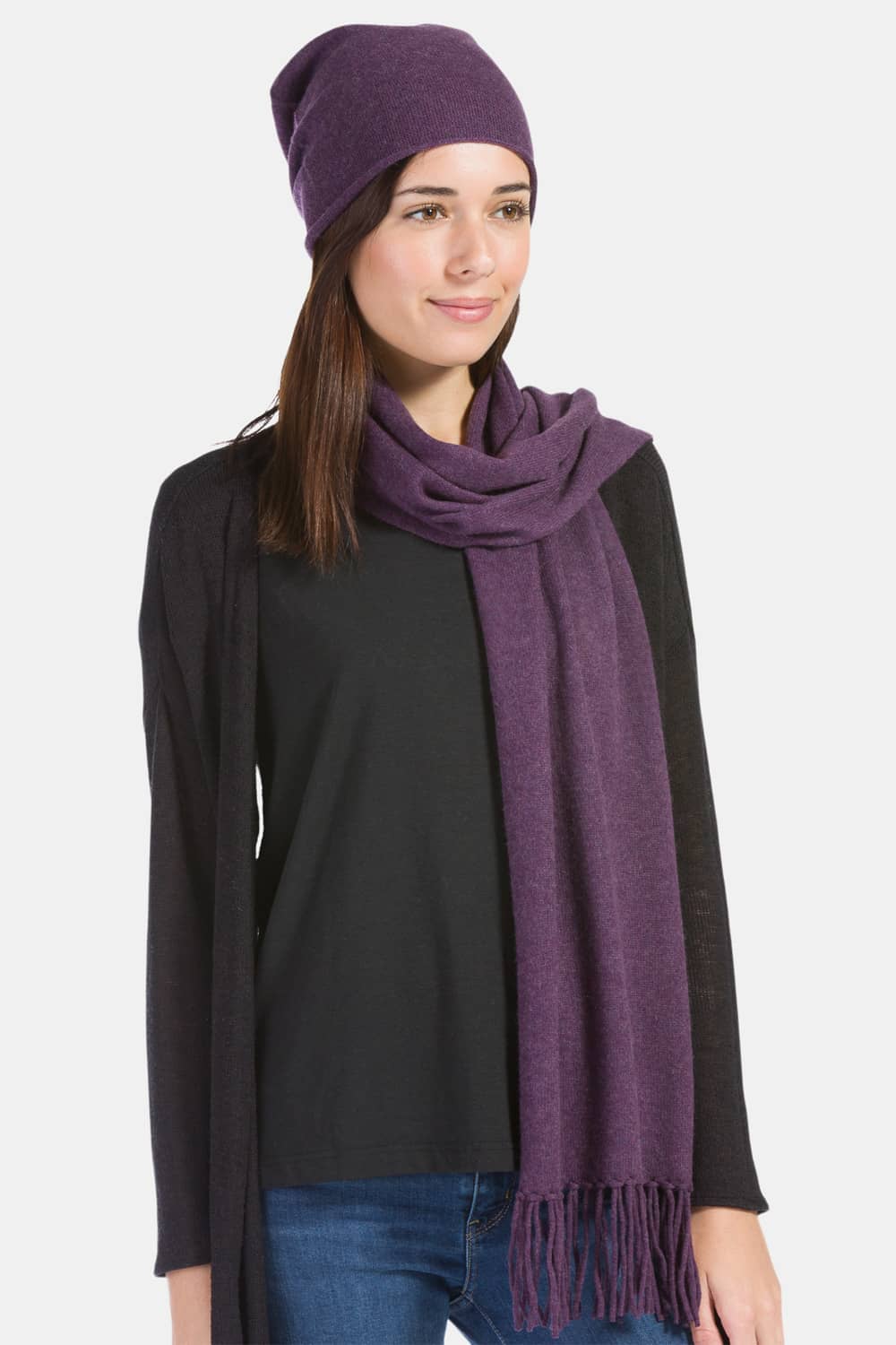 Women's 2pc 100% Cashmere Slouchy Beanie & Knit Scarf Set with Gift Box Womens>Accessories>Cashmere Set Fishers Finery Eggplant One Size 