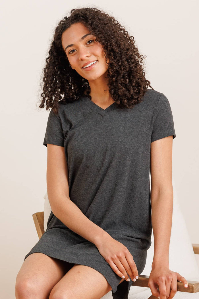 Heather gray silk short-sleeve V-neck dress with relaxed fit.