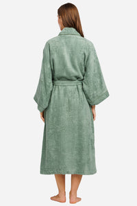 Lily green terry cloth robe with kimono sleeves, waist tie, and front pockets.