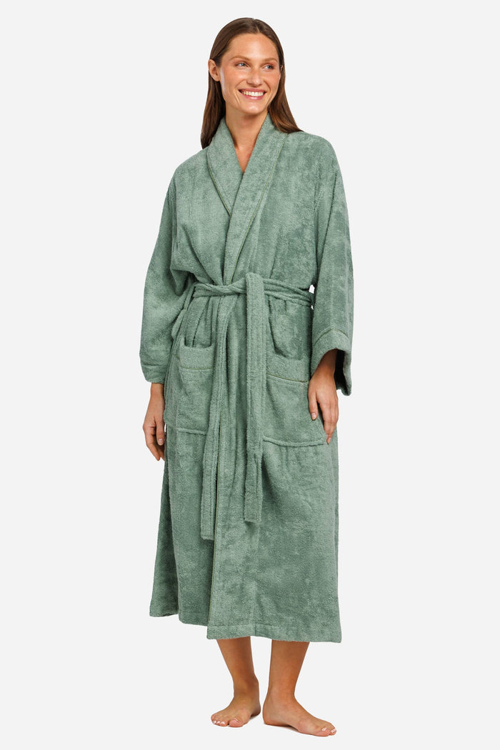 Lily green terry cloth robe with kimono sleeves, waist tie, and front pockets.