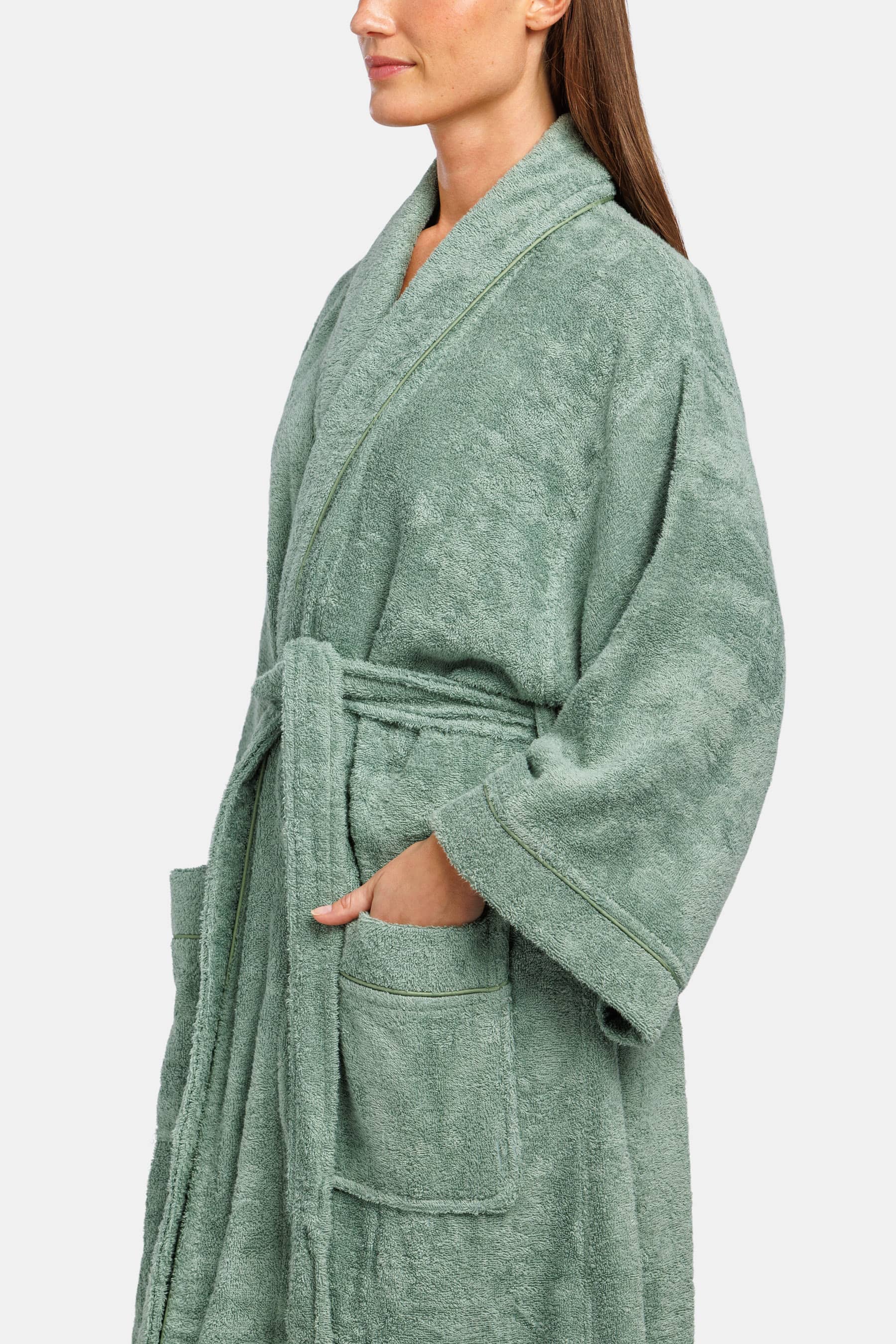 Lily green terry cloth robe with kimono sleeves, waist tie, and front pockets.