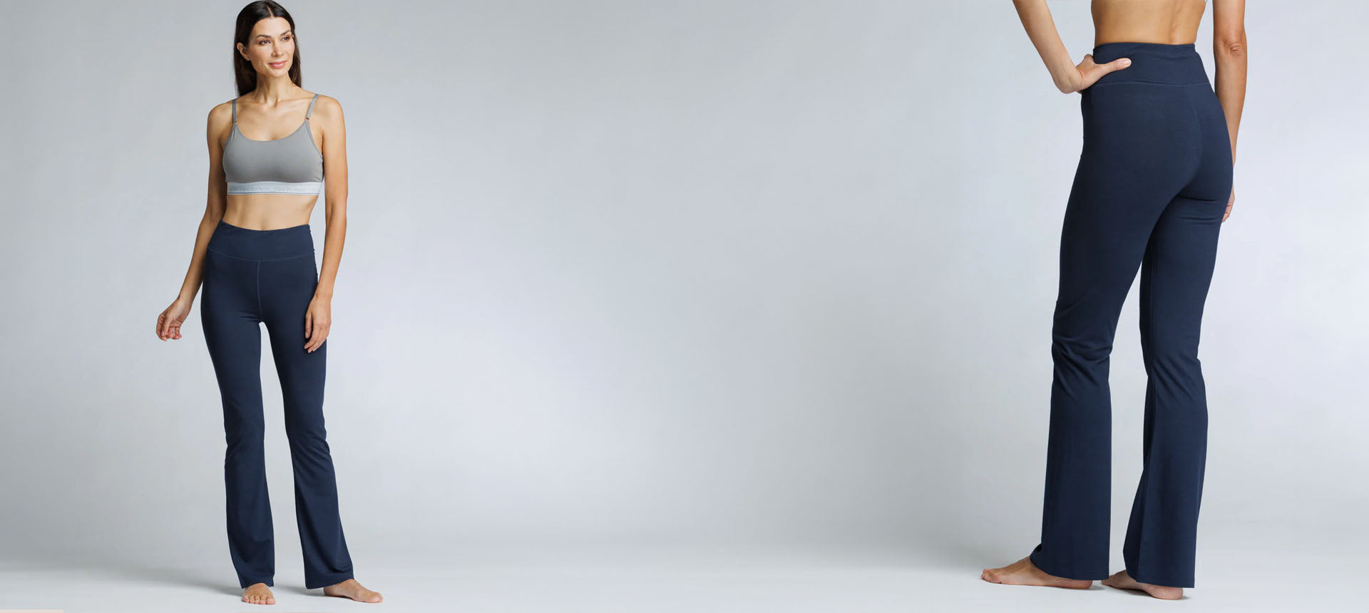 Woman wearing navy yoga pants shown from front and back views.