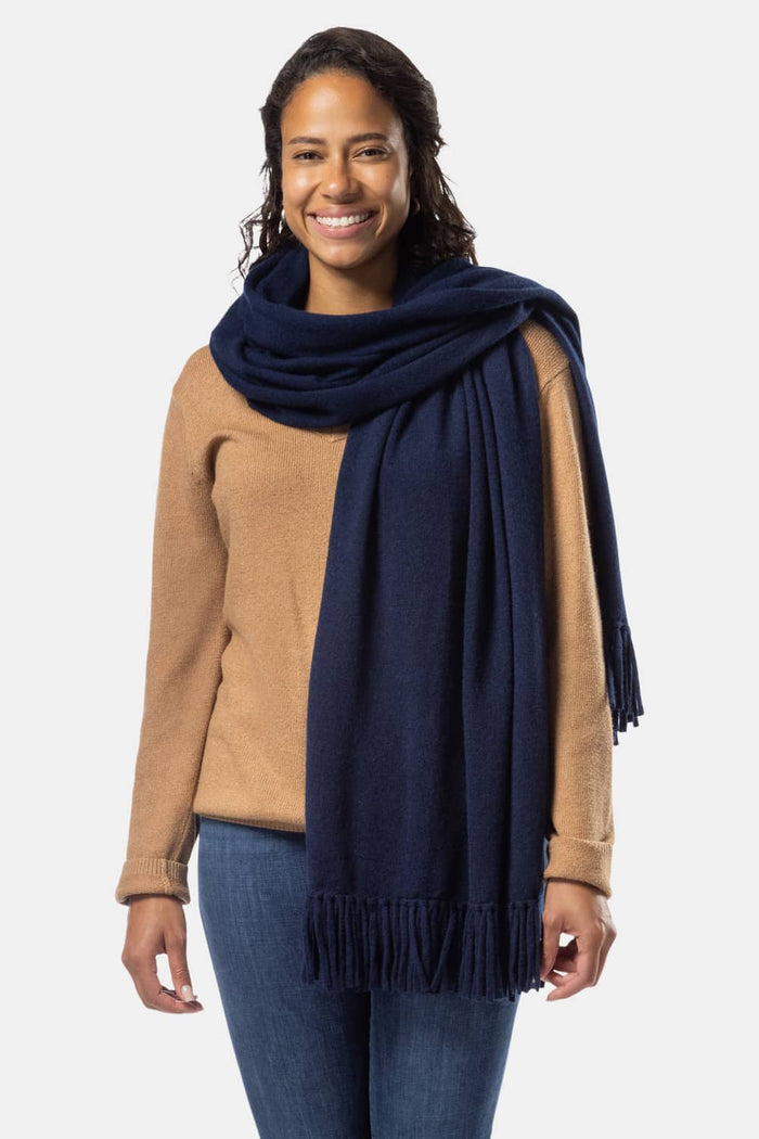 Women's 100% Pure Cashmere Knit Shawl Wrap with Fringe and Gift Box Womens>Accessories>Scarf Fishers Finery Navy 