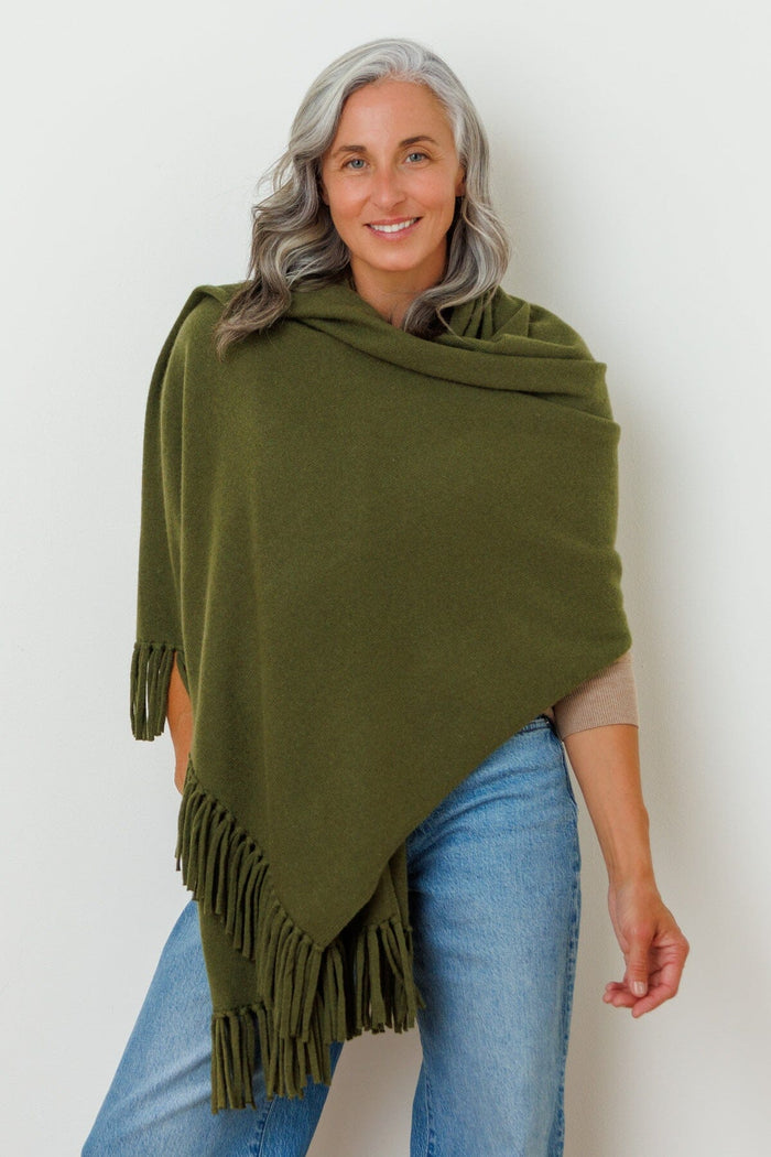Women's 100% Pure Cashmere Knit Shawl Wrap with Fringe and Gift Box Womens>Accessories>Scarf Fishers Finery Olive 