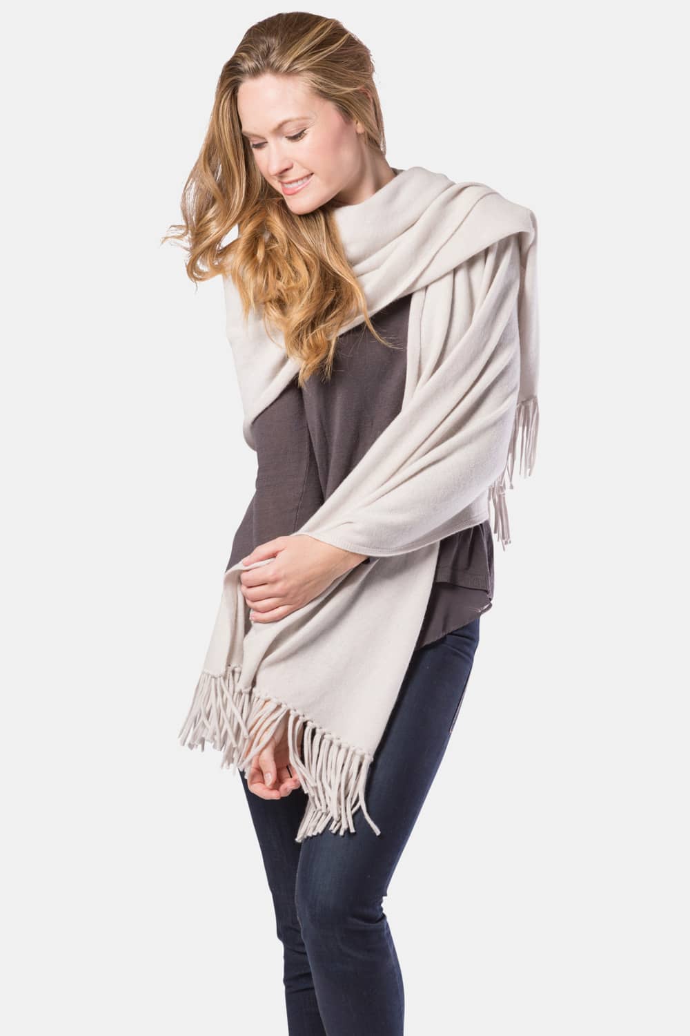 Women's 100% Pure Cashmere Knit Shawl Wrap with Fringe and Gift Box Womens>Accessories>Scarf Fishers Finery Stone 