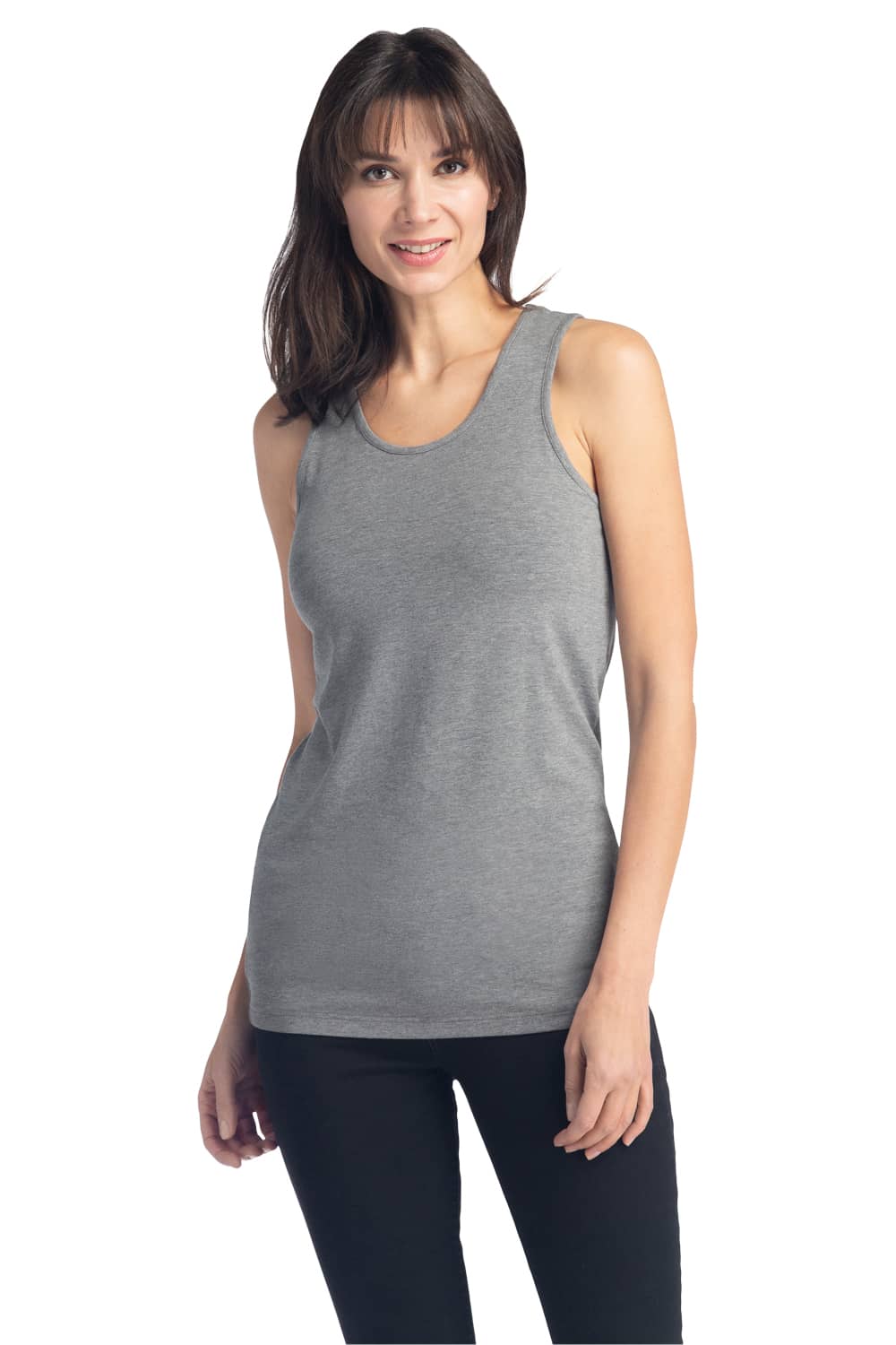 Woman wearing gray Anvil 37PVL tank top • E-commerce Tank Top