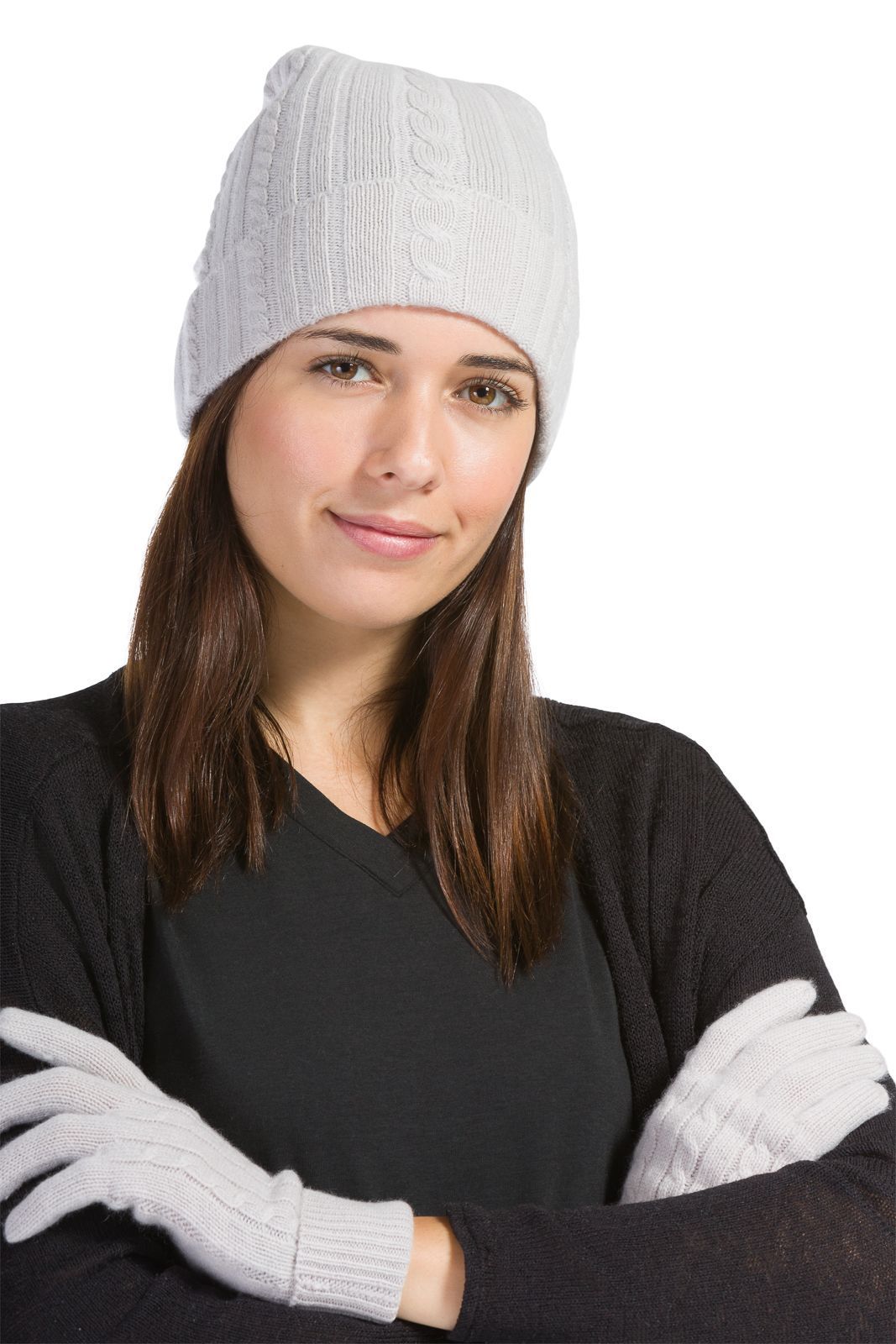 Fishers Finery Women's 3 Piece 100% Cashmere Pom Beanie Hat Glove