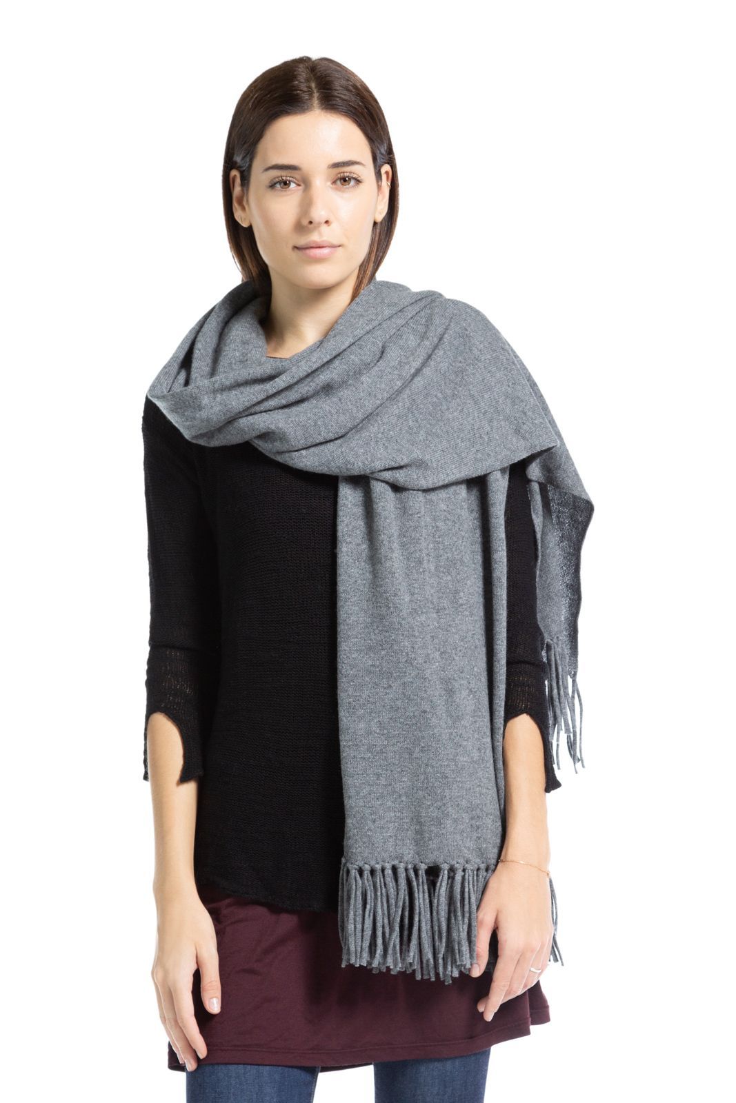 Women's 100% Pure Cashmere Knit Shawl Wrap with Fringe and Gift Box