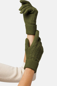 Woman's hands wearing Fishers Finery Olive Green Cable Knit Pure Cashmere Gloves