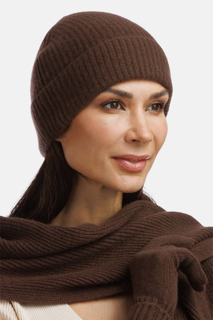 Silk-blend ribbed cocoa brown beanie with matching scarf wrapped around neck.