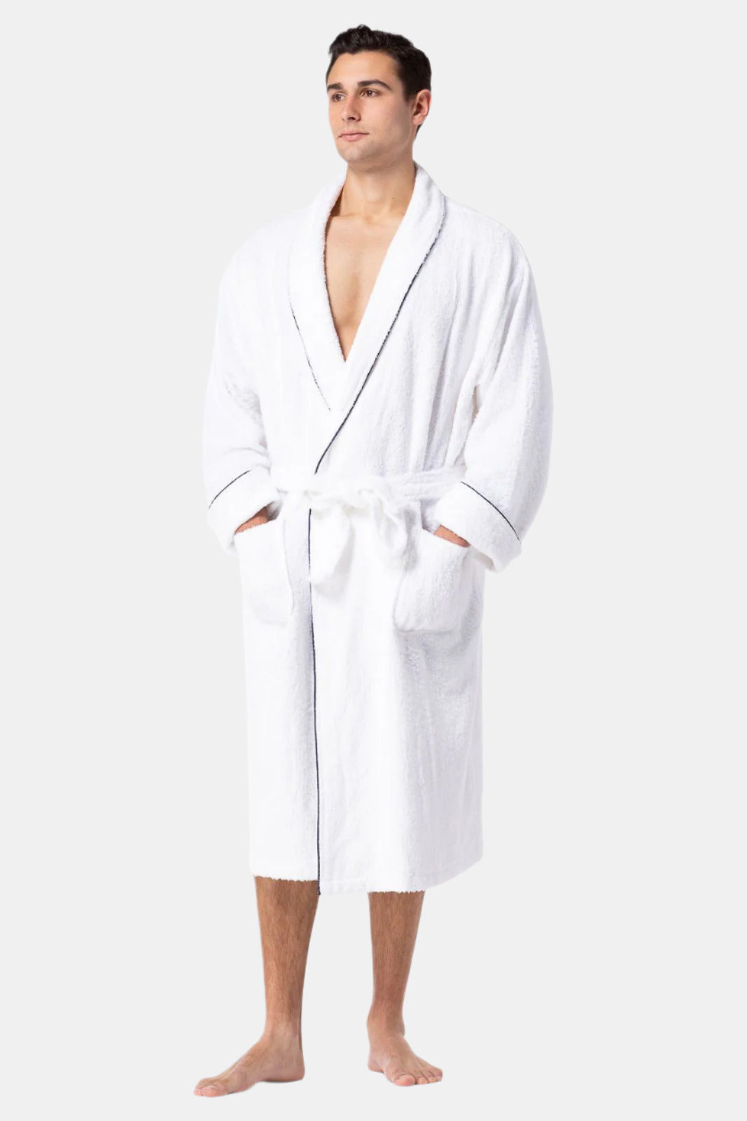 Fishers Finery Mens white terry robe features a quilted design, front pockets, and belt—the perfect robe for after the shower or relaxing at home 