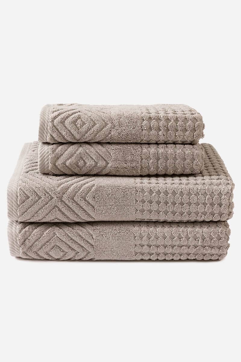 Texere 100% Organic Cotton Diamond Jacquard Towel Set Fishers Finery Oxford Tan 4 Pack (2 Bath & 2 Hand ) 