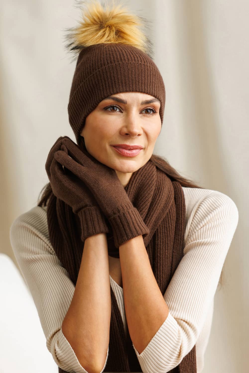 Women's Pure Cashmere Pom Beanie Ribbed Knit Hat Fishers Finery