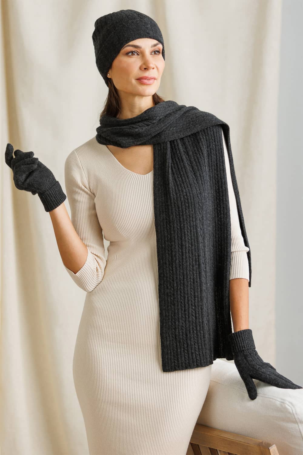 Hat Scarf Gloves Set for Women 100% Cashmere Grey