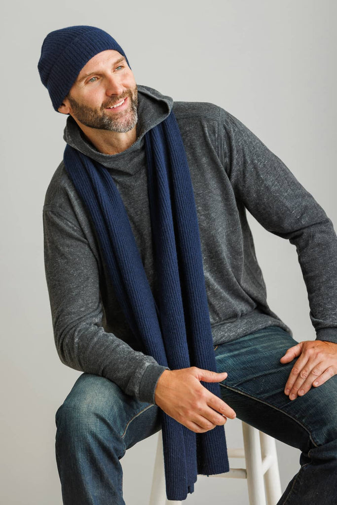 Men Beanie Navy and Beige , top Men Beanie set, Hand Knit Scarf men, Winter Hat, Knit Scarf and Hat set, Ready to ship